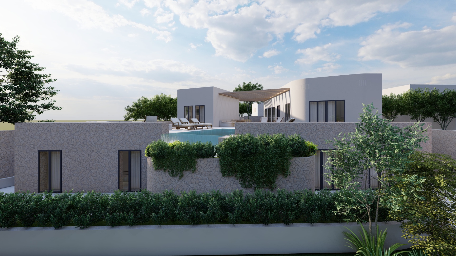 Stone-clad villa exterior with pool terrace