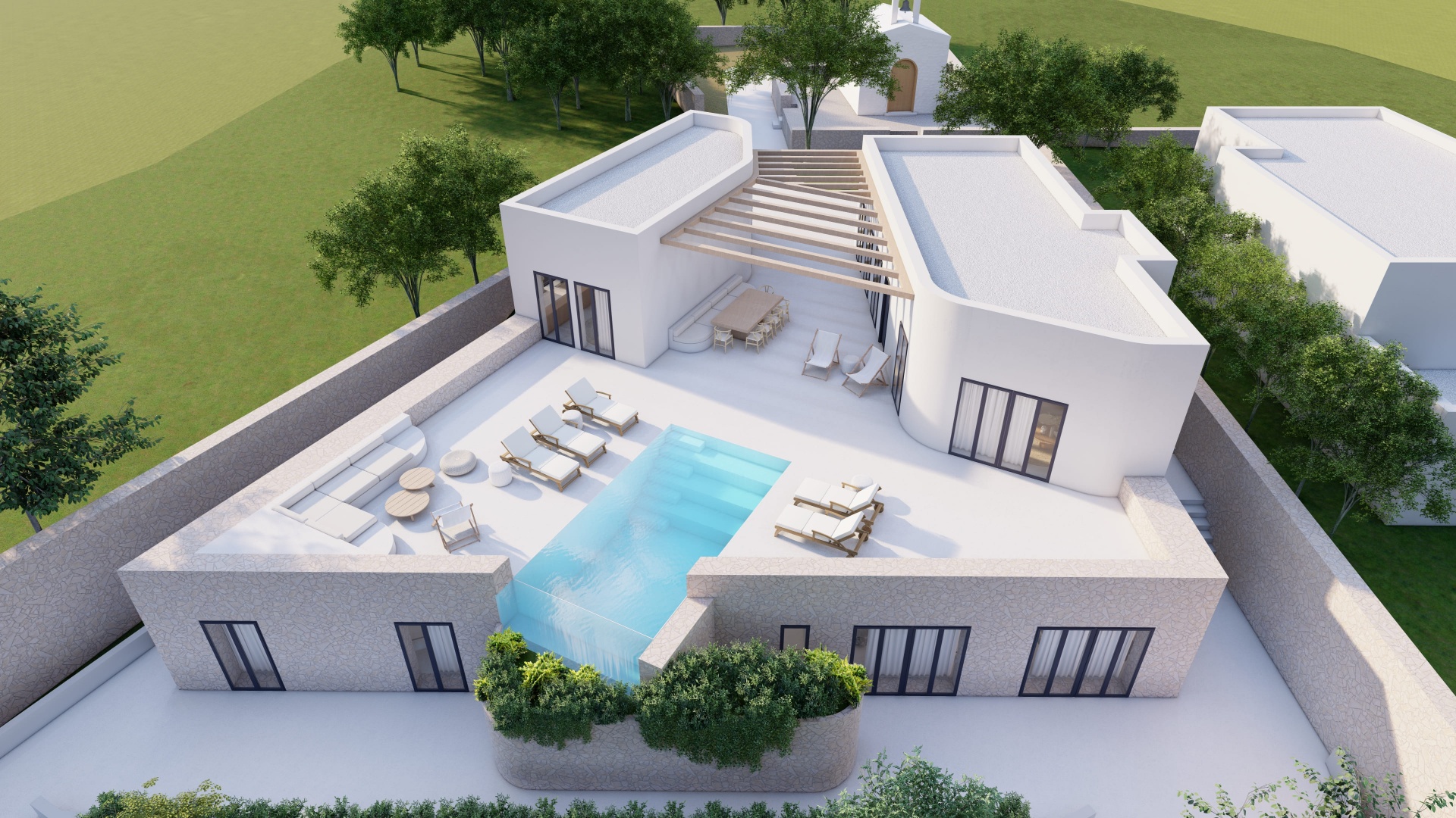 Aerial view of the villa compound and pool