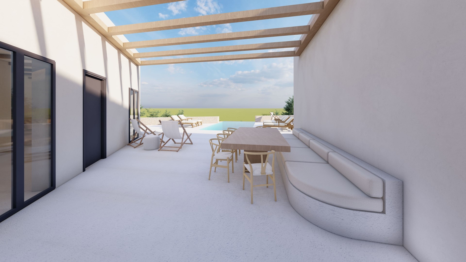 Pergola-shaded outdoor dining area