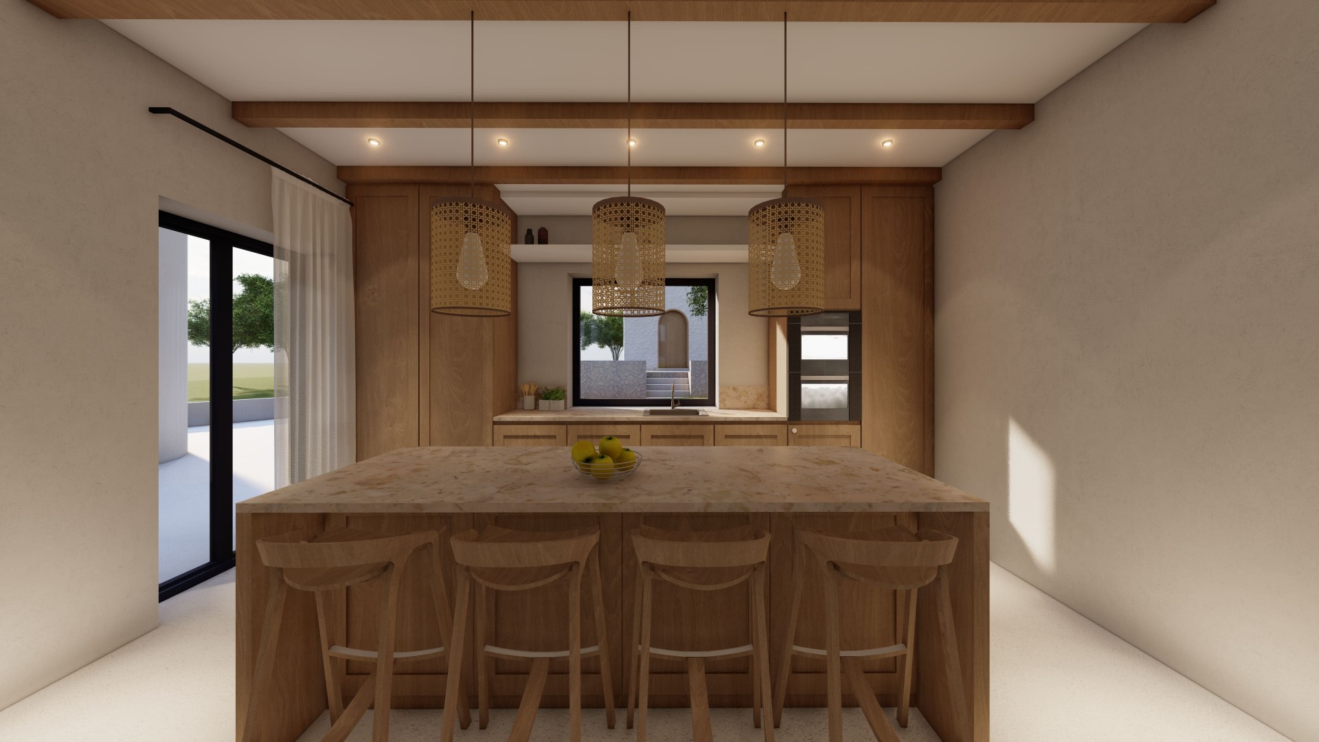 Open kitchen with rattan pendant lighting