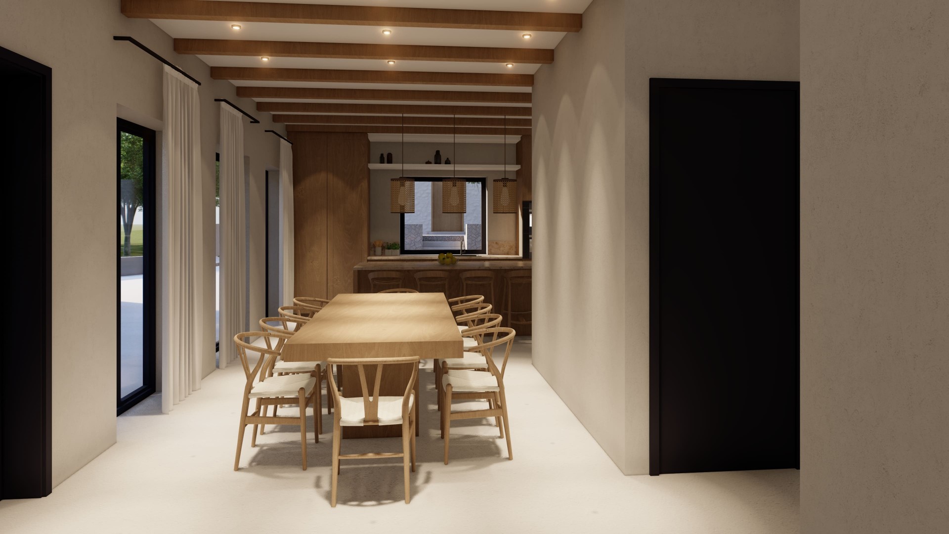 Dining room with wishbone chairs and oak table