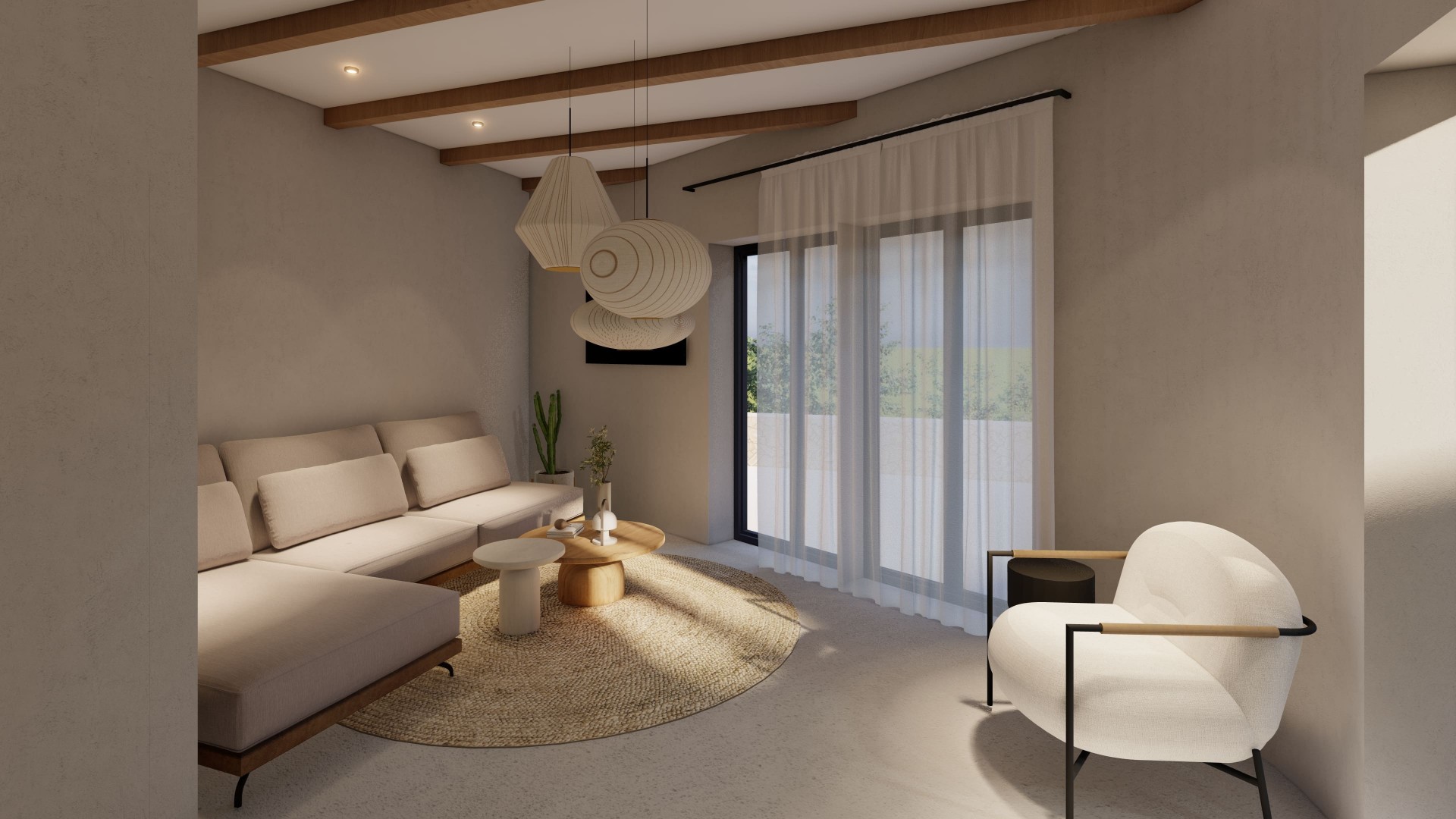 Living room with linen sofa and beamed ceiling